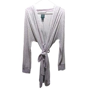 Laura Ashley Hooded Bath Robe Tie Gray- Pink Striped Soft Knee Length Cozy L